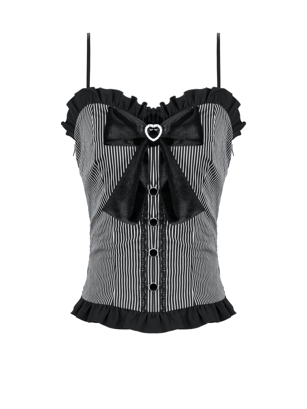 Stylish black and white striped top with heart bow, lace-up back, and ruffled hem for a vintage-inspired look.