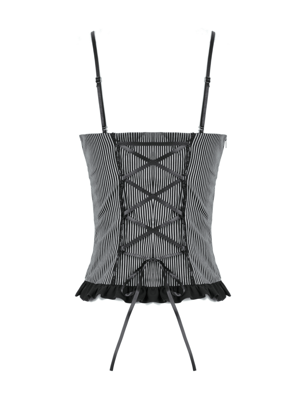 Back view of stylish black and white striped top with heart bow and lace-up detailing, featuring a playful ruffled hem.