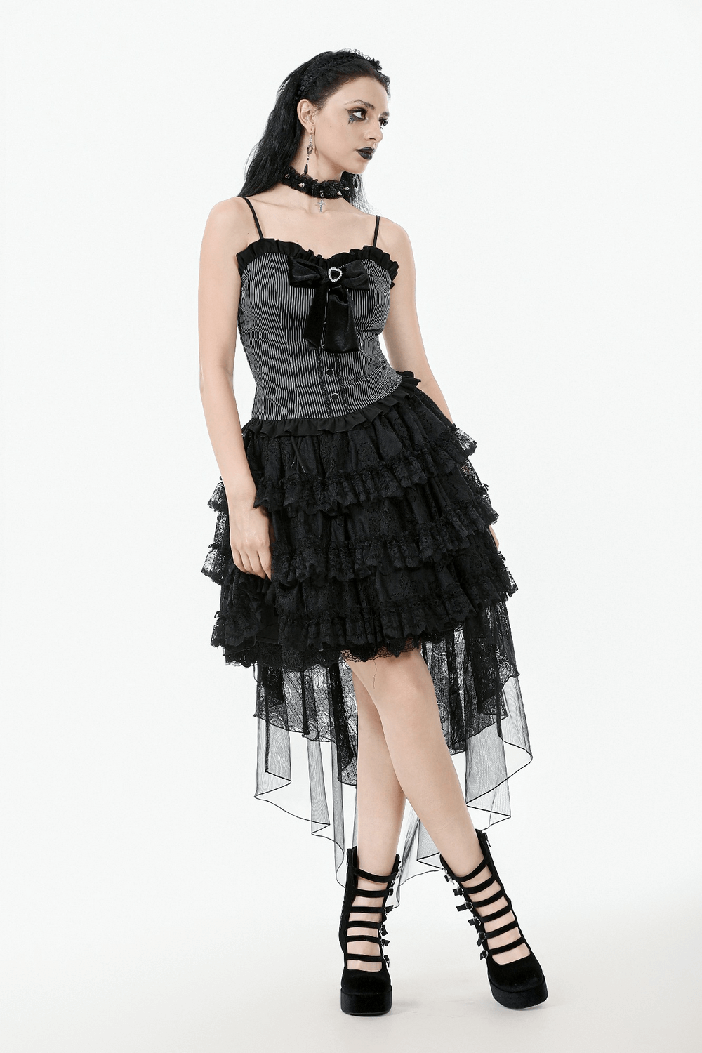 Chic black and white striped top with heart bow and lace-up back for a vintage-inspired look.