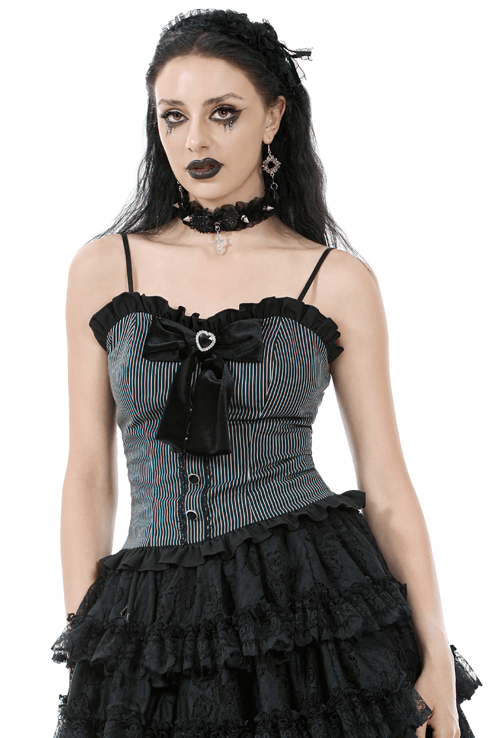 Stylish black and white striped top with heart bow, lace trim, and ruffled hem, perfect for alternative fashion.
