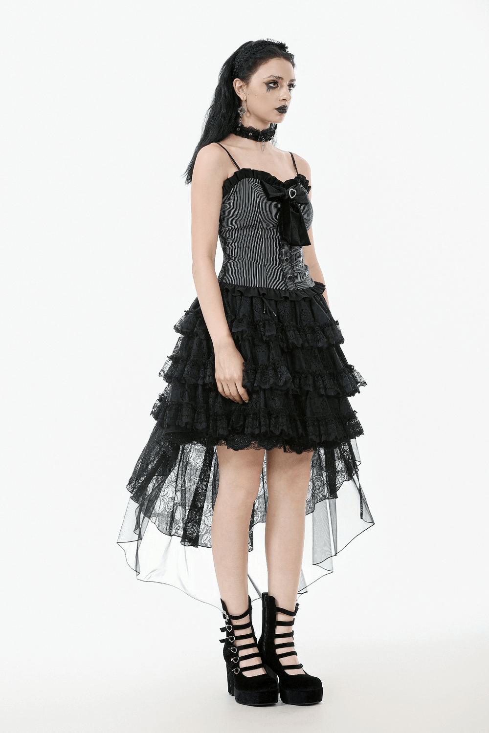 Chic gothic dress with black lace layers and heart bow, featuring a lace-up back and stylish ruffled hemline.