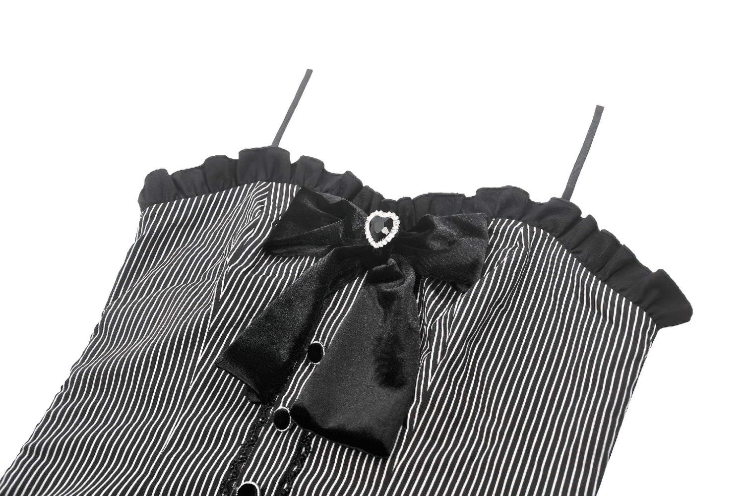 Stylish black and white striped top with heart bow and lace trim, featuring adjustable straps and ruffled hem.