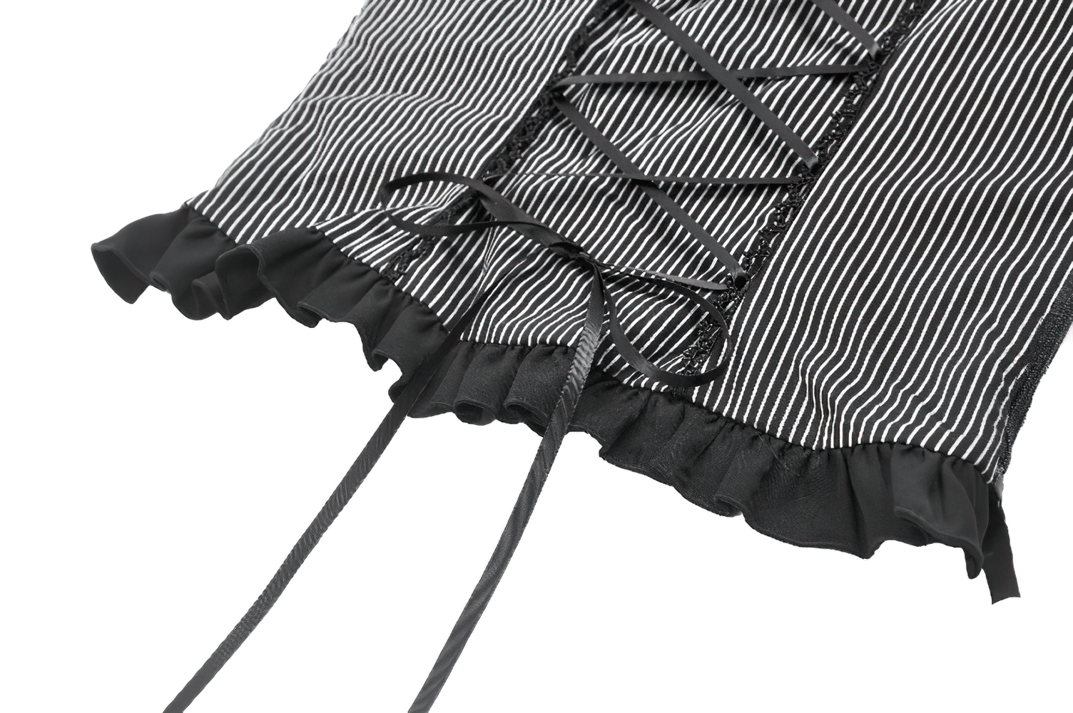 Stylish black and white striped top with lace-up back and ruffled hem for a vintage-inspired flair.