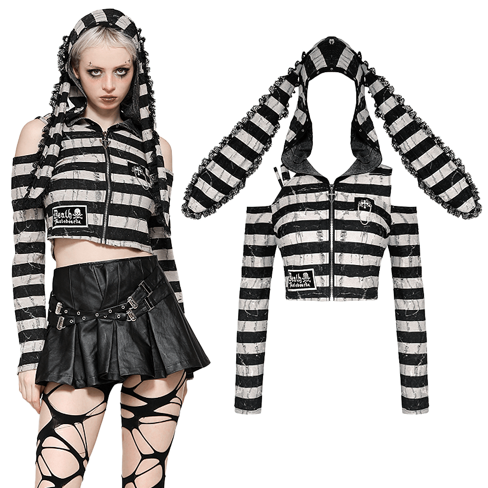 Striped bunny hooded crop top in gothic Lolita style, featuring lace trim and edgy design for alternative fashion enthusiasts.