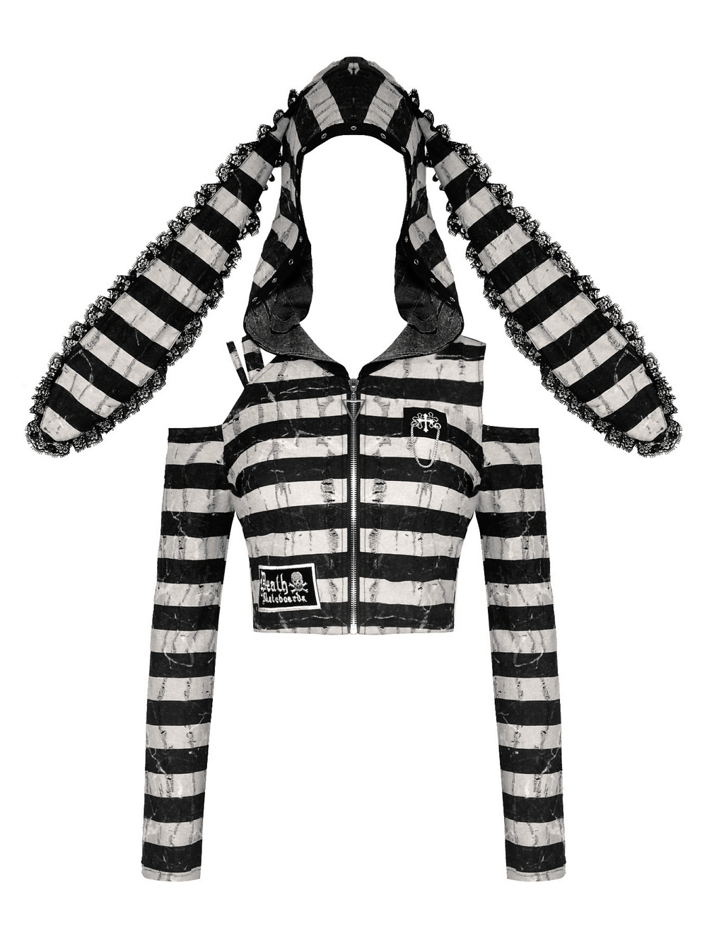 Striped bunny hooded crop top with lace trim, perfect for gothic Lolita alternative fashion enthusiasts.