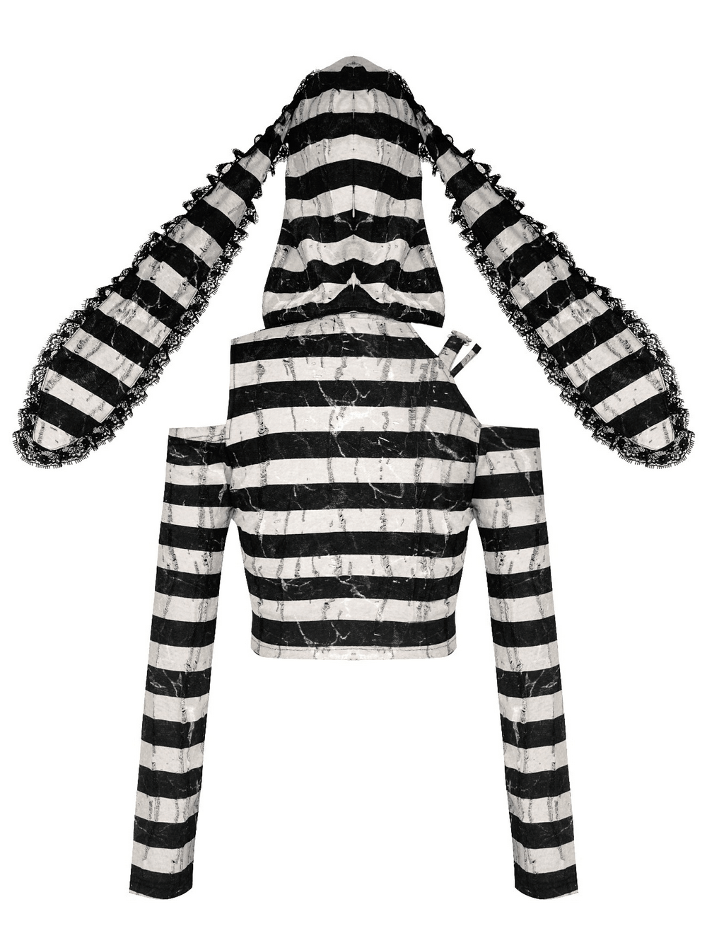 Striped bunny hooded crop top with unique ears, lace trim, and edgy gothic Lolita style.