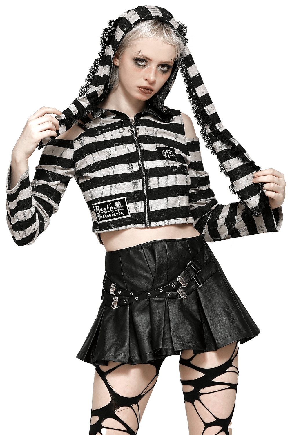 Gothic Lolita striped bunny hooded crop top with lace trim, perfect for alternative fashion enthusiasts.