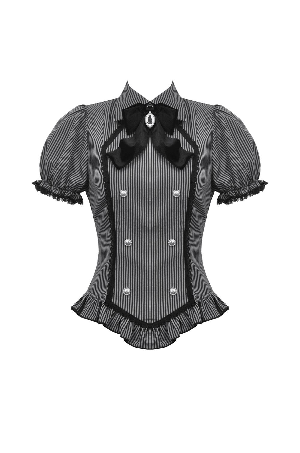 Striped Gothic Blouse with Bow and Lace Details