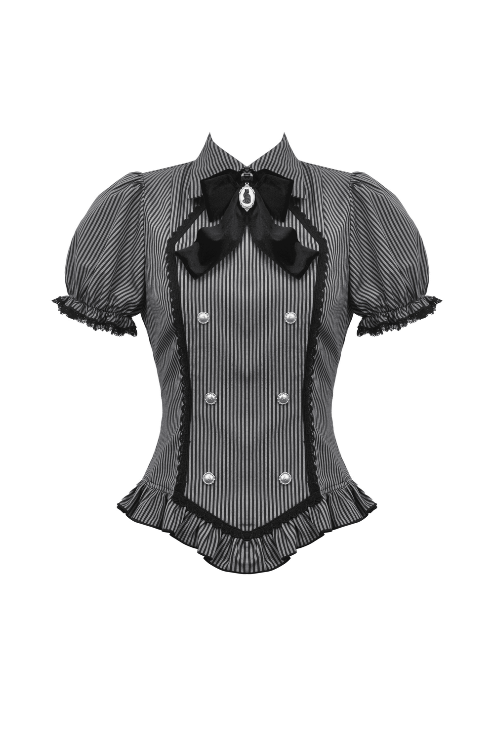 Striped Gothic blouse with bow and lace details, featuring ruffled sleeves and button front for Victorian charm.