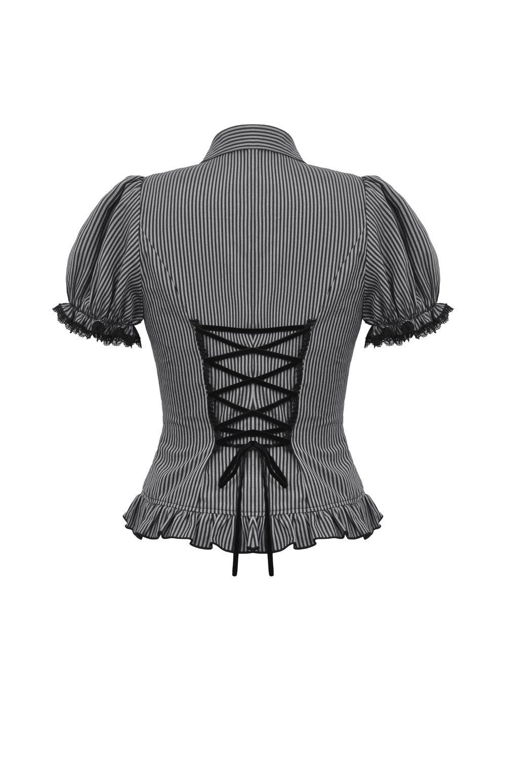 Back view of a striped Gothic blouse featuring lace details and a dramatic bow for a Victorian-inspired look.