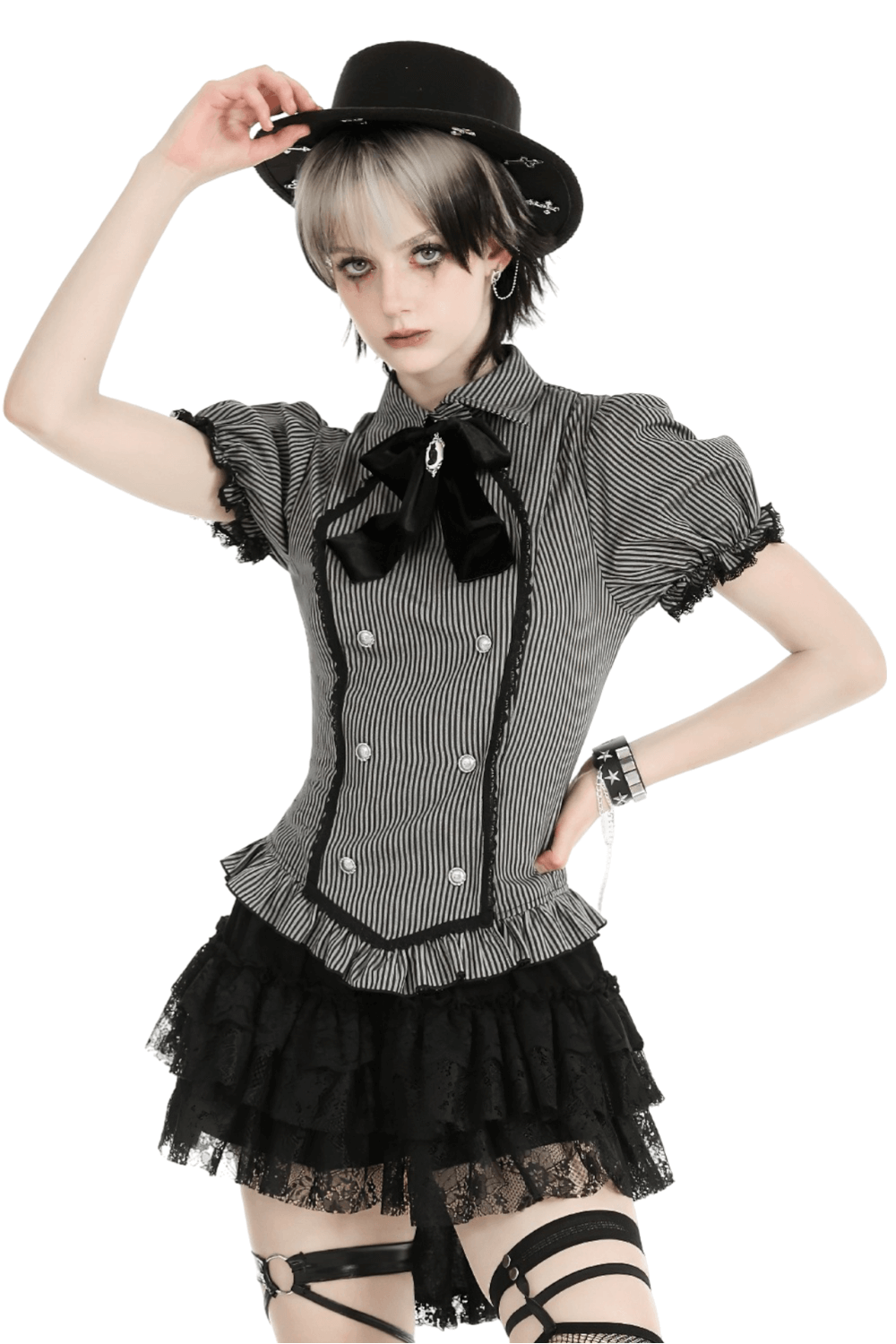 Striped Gothic blouse with bow and lace details, Victorian-inspired style, worn by model with unique hairstyle and accessories.