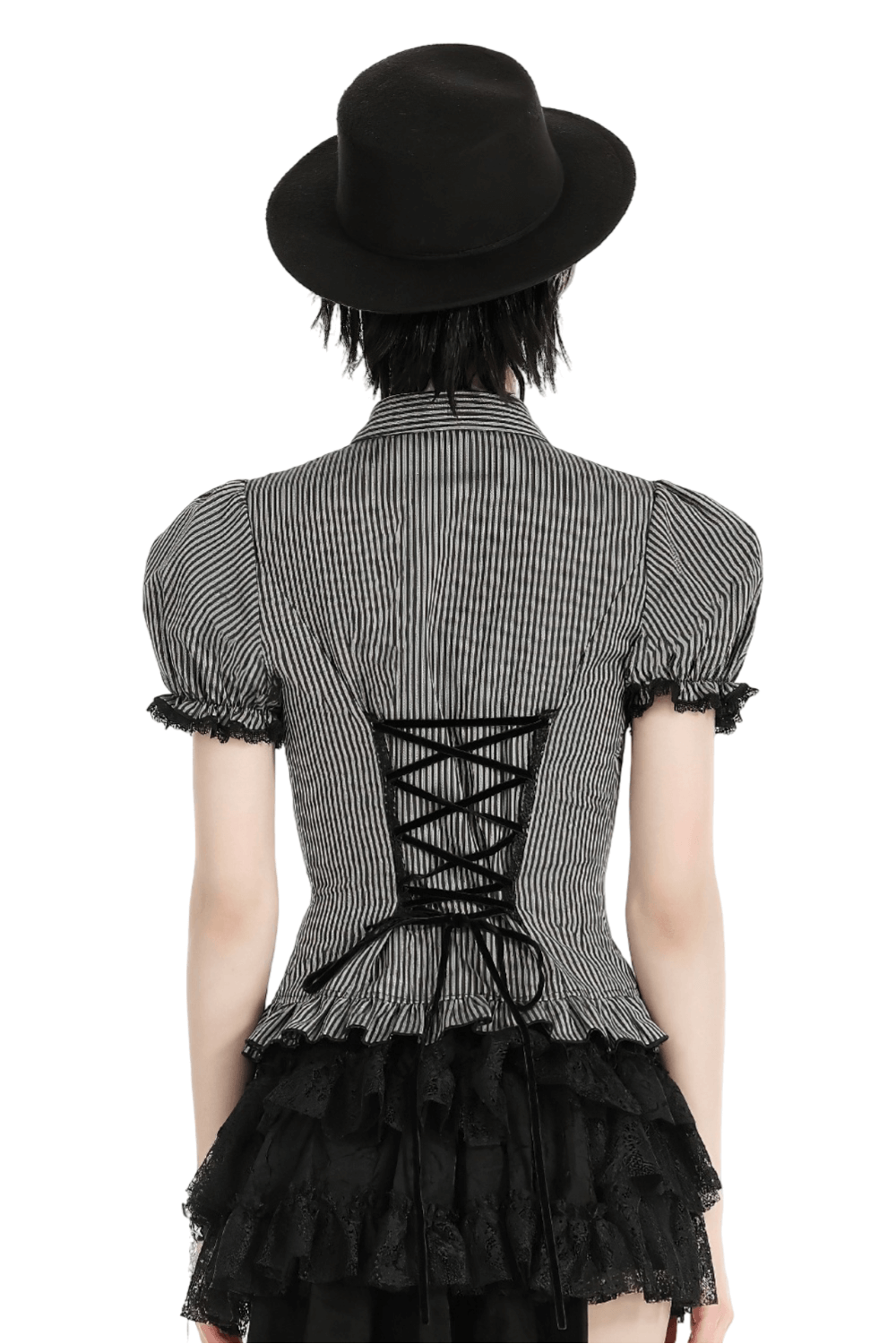 Back view of a striped Gothic blouse with lace-up detail and ruffled sleeves, styled with a black hat.