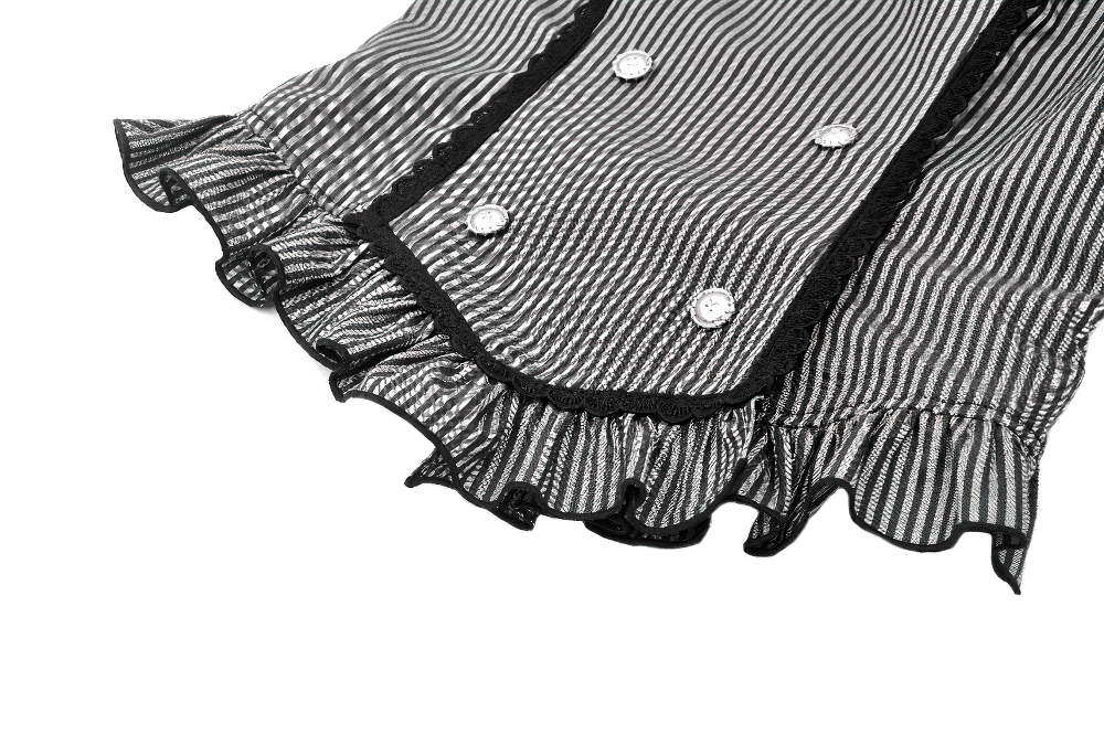 Close-up of striped Gothic blouse hem with ruffled lace detailing and buttons, showcasing Victorian elegance.