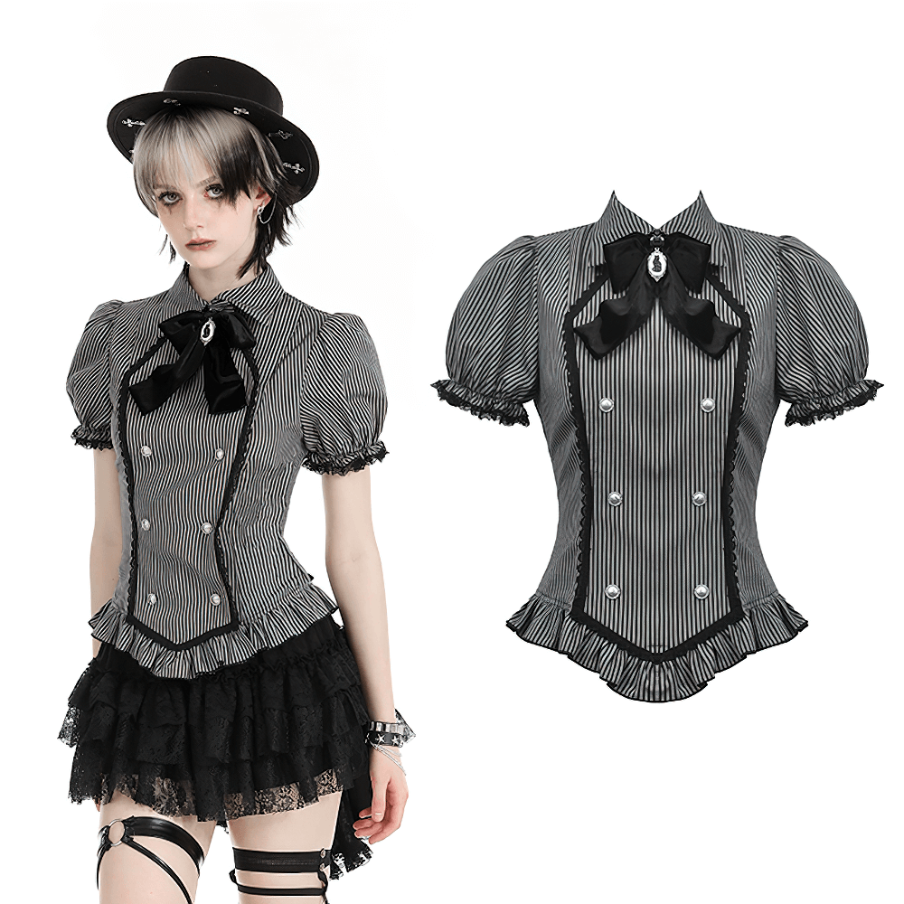 Victorian-inspired striped gothic blouse with bow and lace details, perfect for modern mavericks.