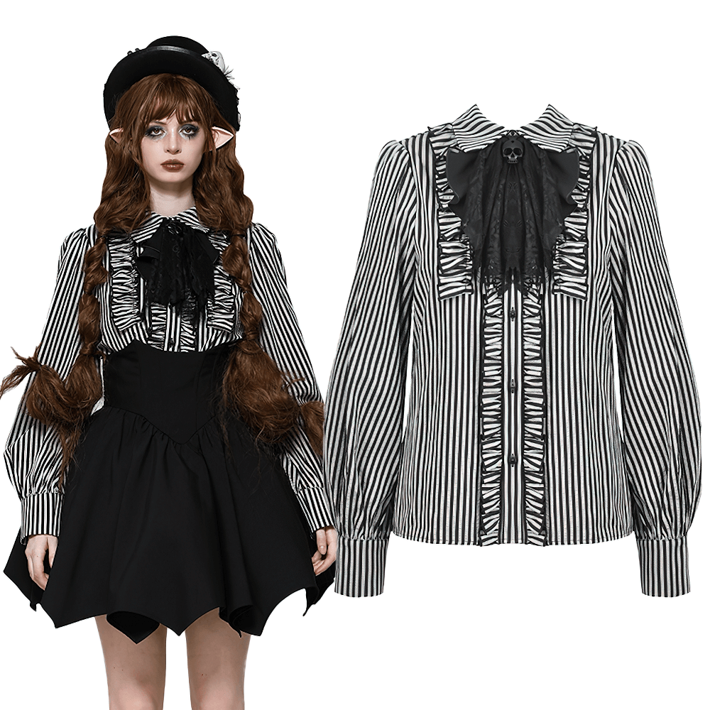 Striped gothic blouse with lace details, ruffles, and skull accent styled with a black skirt and hat. Perfect for gothic fashion.