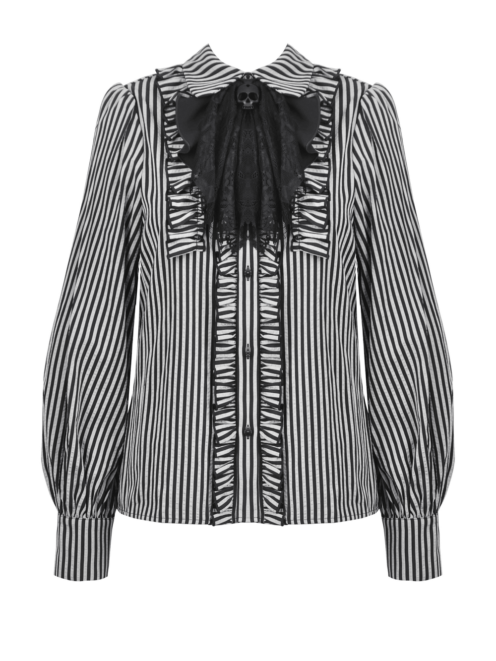Women's striped gothic blouse with lace details and skull accent, featuring ruffles and puffed sleeves. Perfect for a bold look!