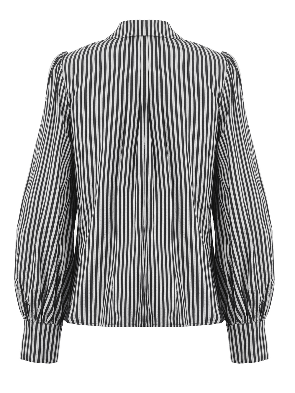 Back view of a women's black and white striped gothic blouse with puffed sleeves and fitted cuffs.