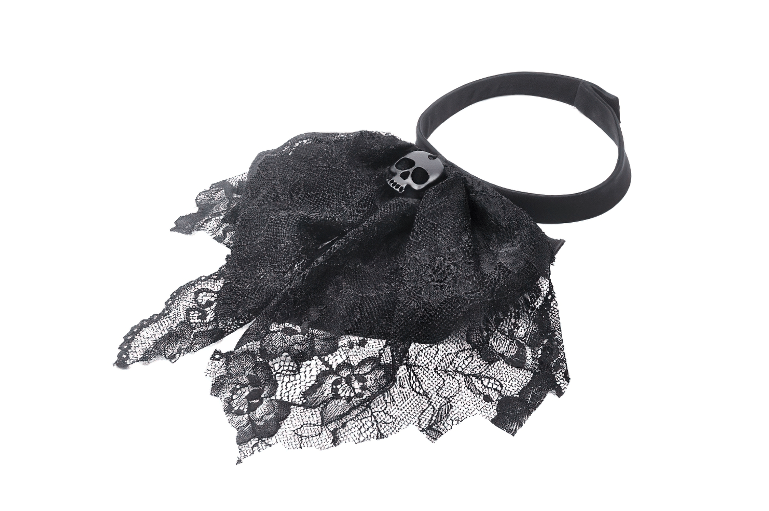 Black lace hairband with skull accent, perfect for adding gothic flair to any outfit or occasion.