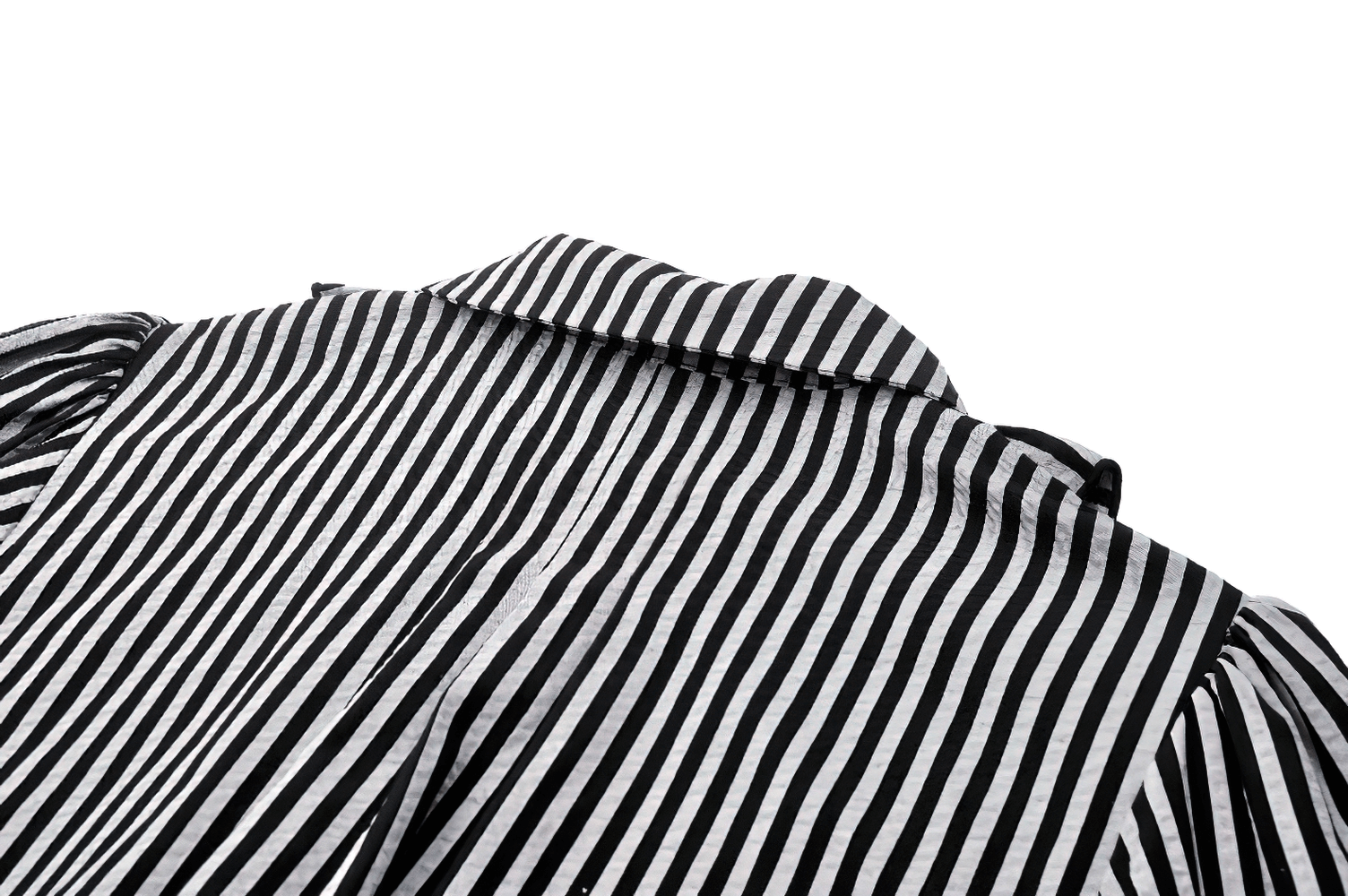 Striped gothic blouse showing black and white stripes and ruffled collar details. Perfect for a bold gothic look.