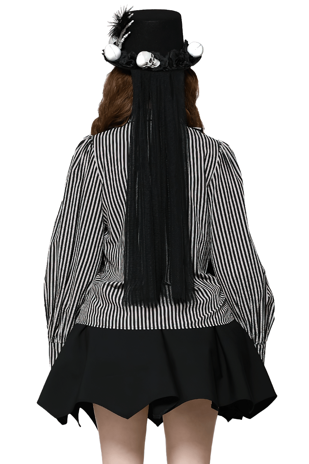 Back view of a women's striped gothic blouse with lace details, paired with a unique black hat featuring skull accents.
