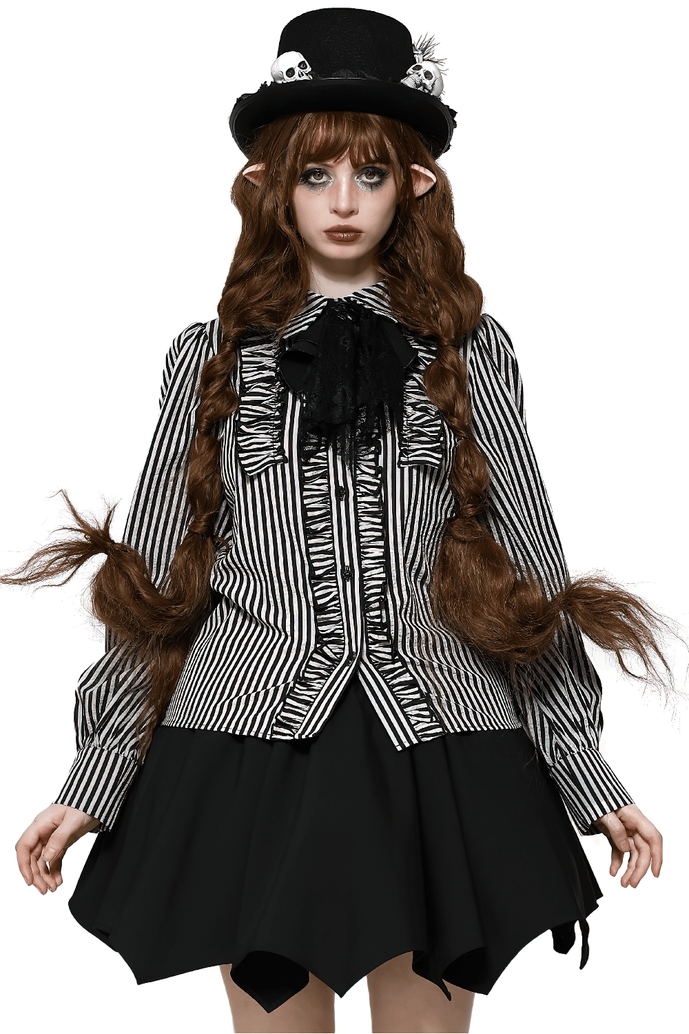 Striped gothic blouse with lace details, ruffles, and skull charm, styled with a black skirt and top hat. Perfect for a bold gothic look.