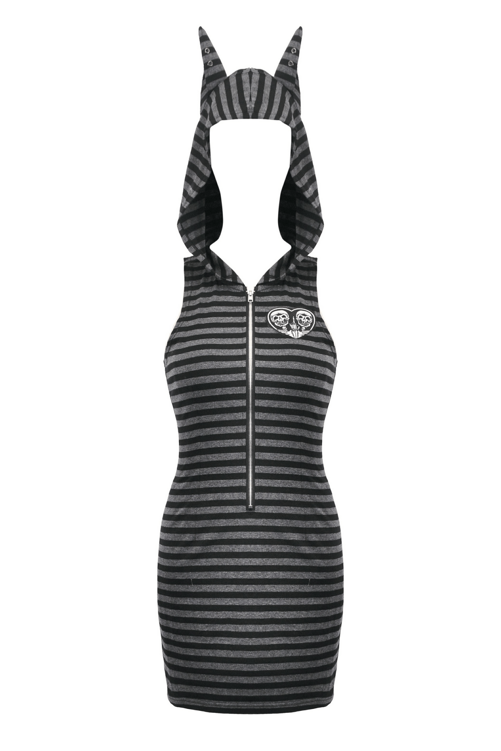 Striped Gothic hooded dress with skull and heart design, featuring devil ears and zipper closure, perfect for punk fashion.