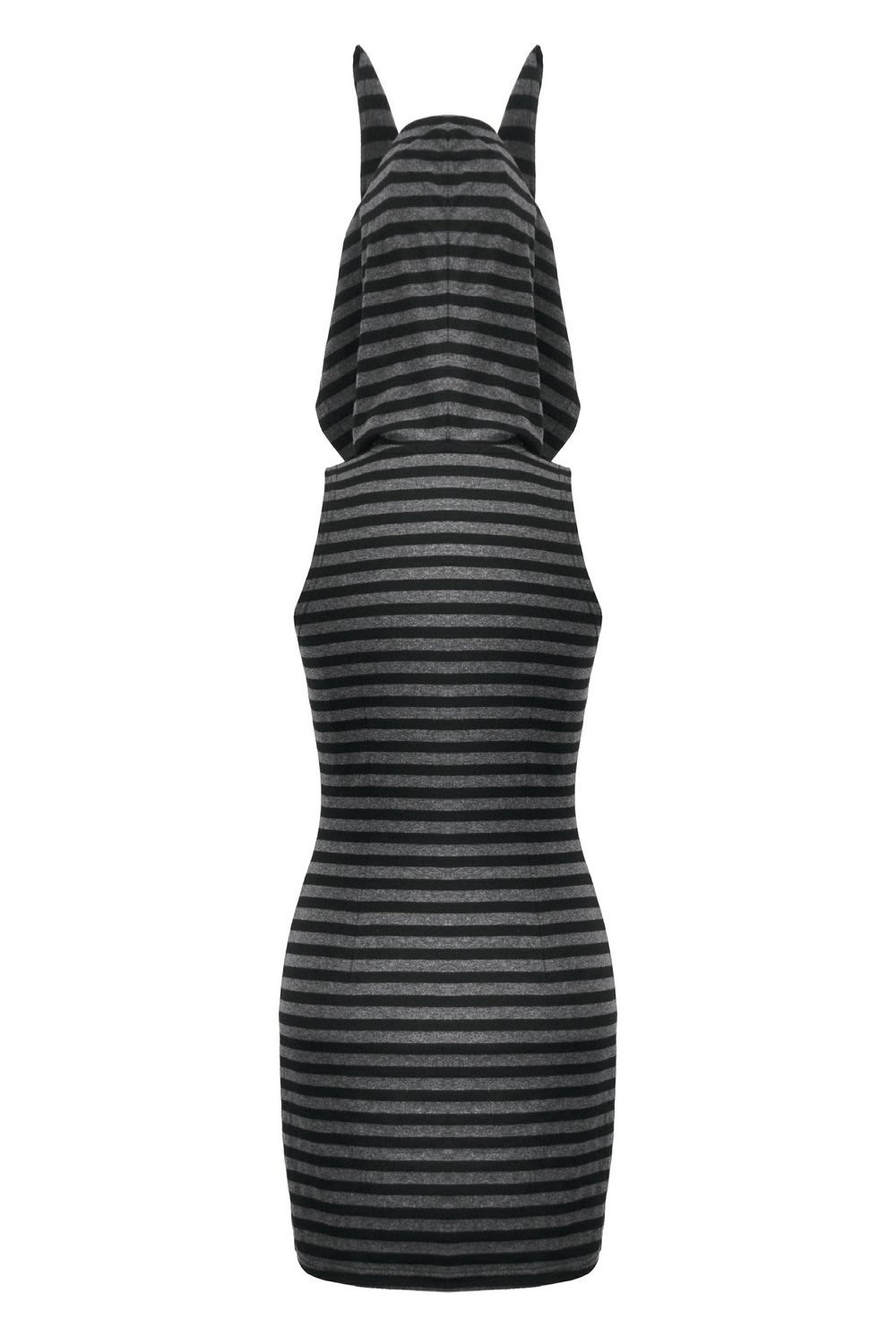 Back view of striped Gothic hooded dress with devil ears, showcasing a sleek and edgy silhouette.