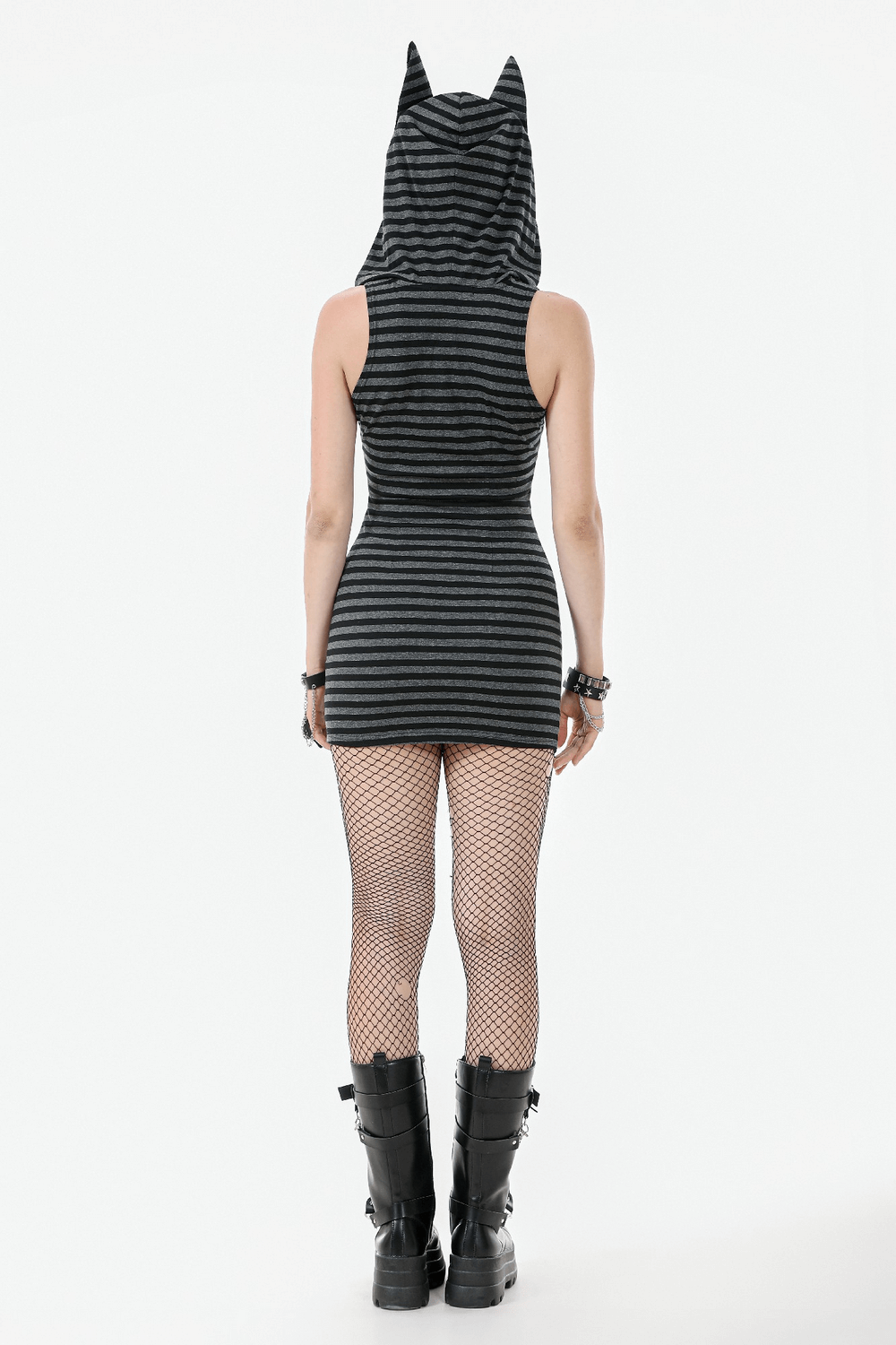 Back view of a striped Gothic hooded dress with devil ears, showcasing a form-fitting design and edgy style.