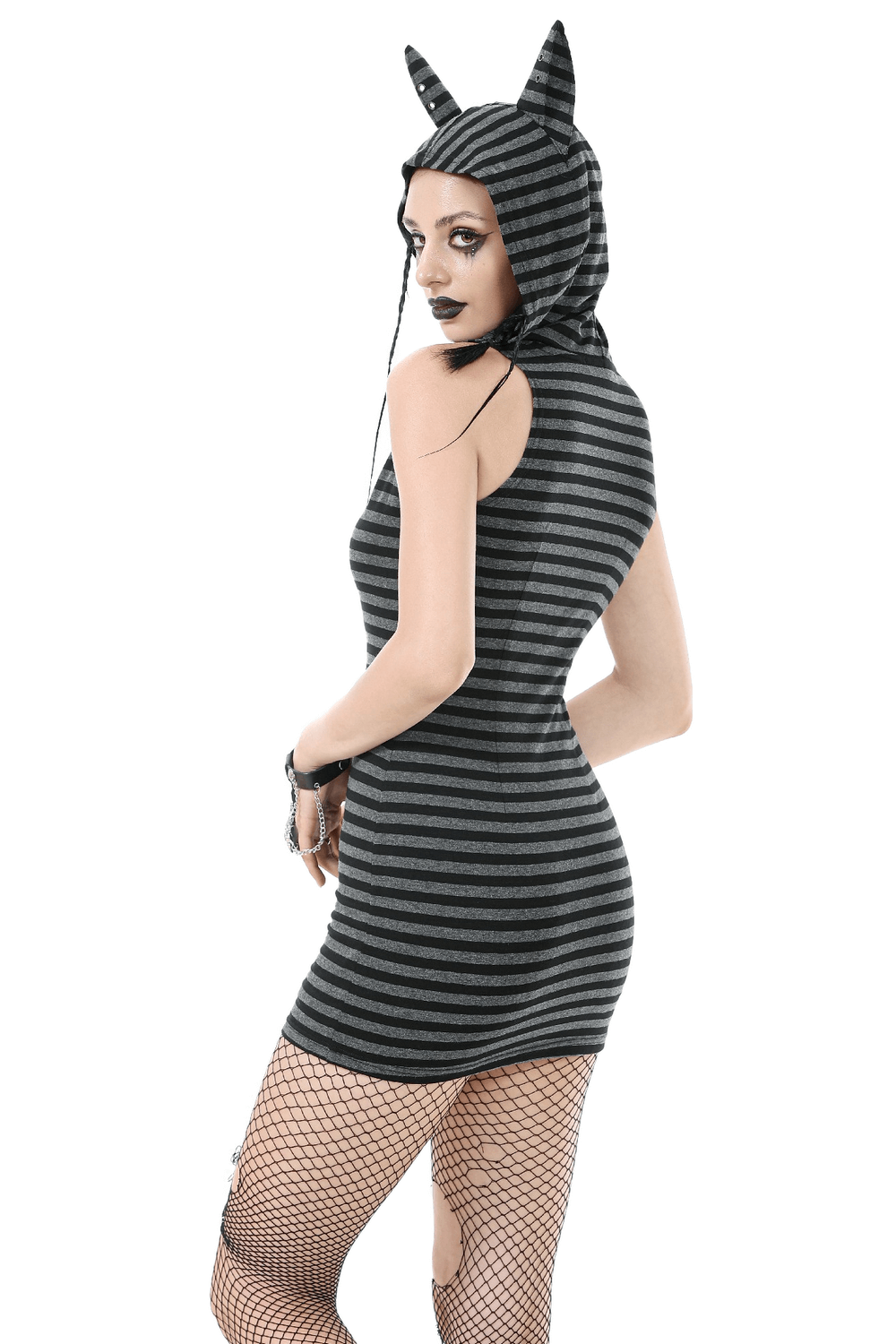 Striped gothic hooded dress with devil ears, skull and heart detail, perfect for alternative fashion enthusiasts.