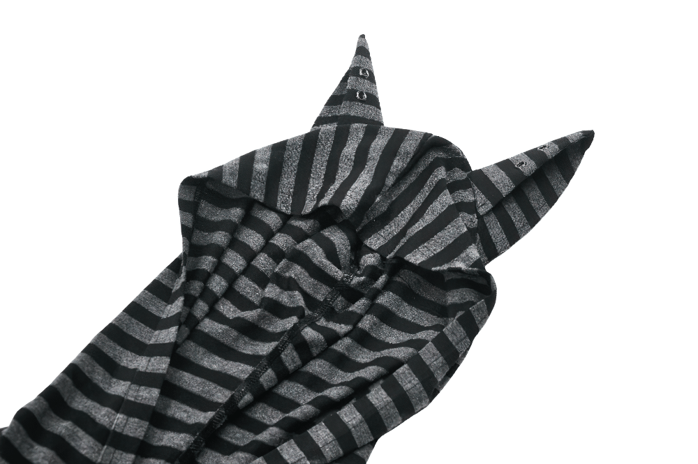 Striped gothic hooded dress with devil ears, showcasing its edgy design and playful vibe.