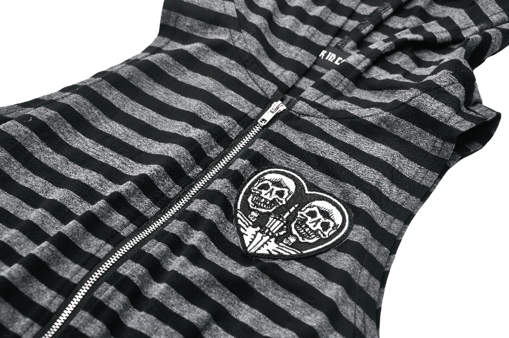 Striped Gothic hooded dress with skull heart detail, featuring a zipper and devil ear hood for a unique punk vibe.