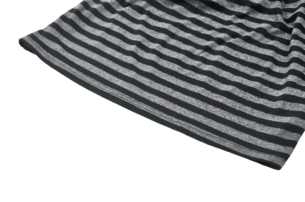 Close-up of the striped fabric of a Gothic hooded dress, showcasing the edgy black and gray design.