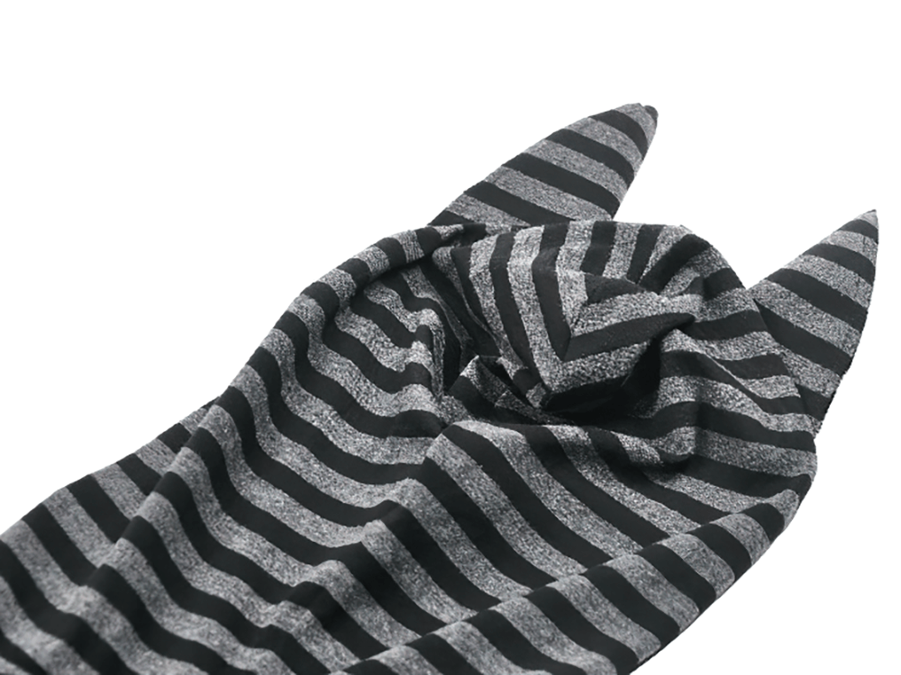 Striped Gothic hooded dress with playful devil ears in black and grey fabric, showcasing an edgy style.