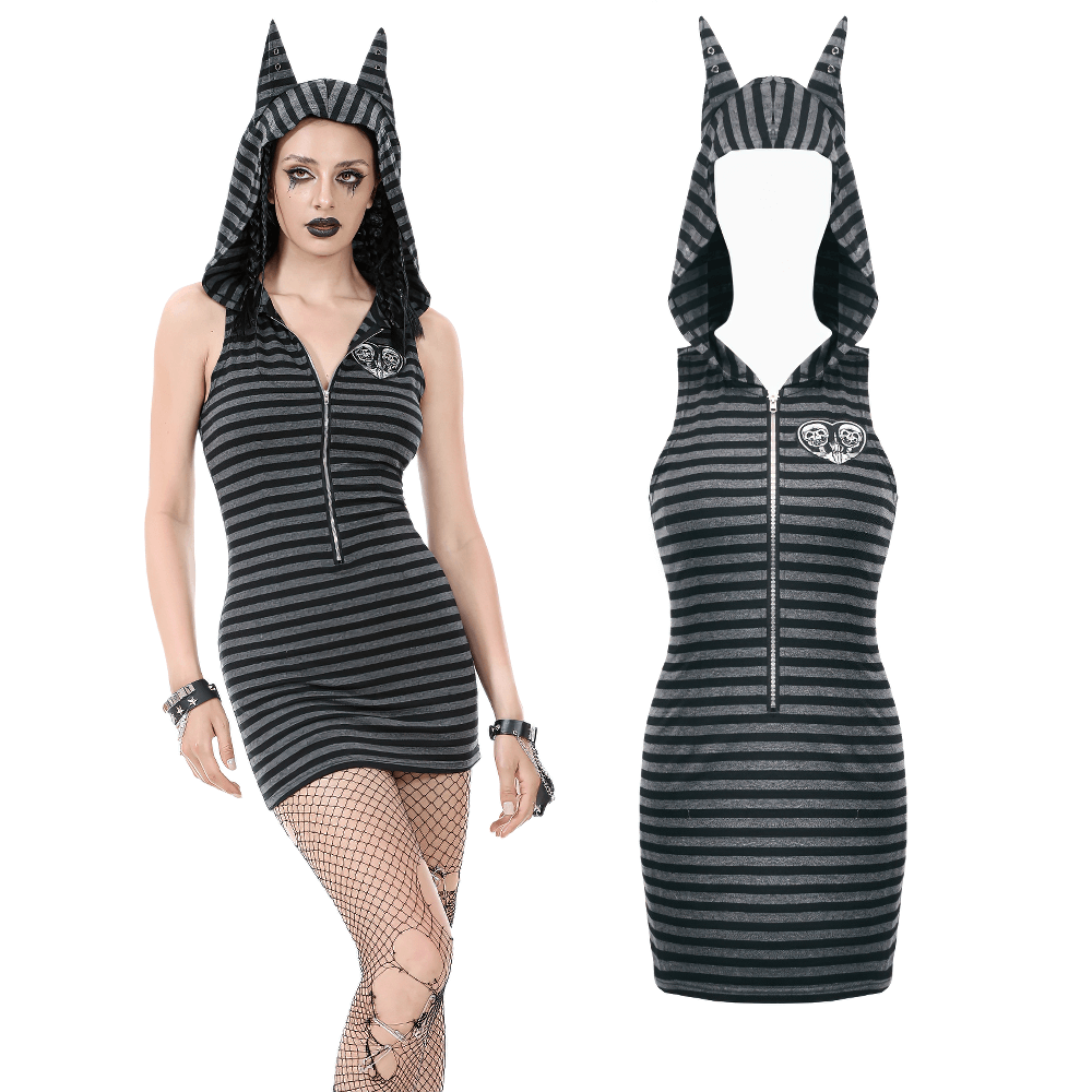Striped Gothic hooded dress with skull and heart detail, featuring devil ears and zipper closure for edgy style.
