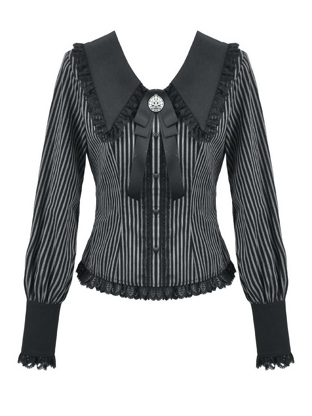 Striped Gothic Lace-Up Blouse with Ruffled Collar and Ribbon featuring lace details and a dramatic back design.