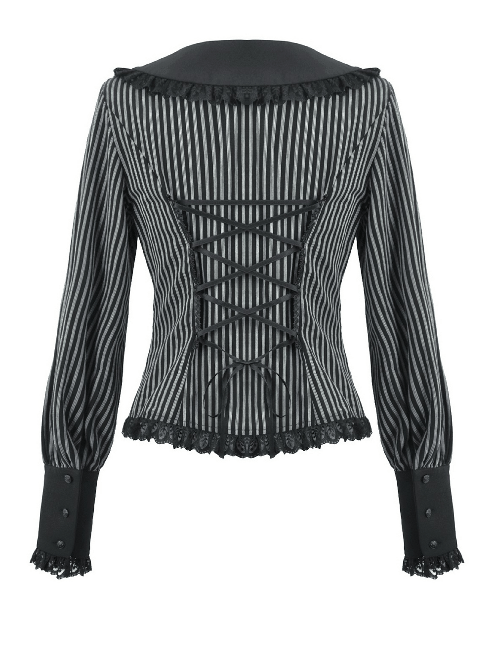 Striped Gothic Lace-Up Blouse with Ruffled Collar and Ribbon back view showcasing lace-up detail and striped fabric.