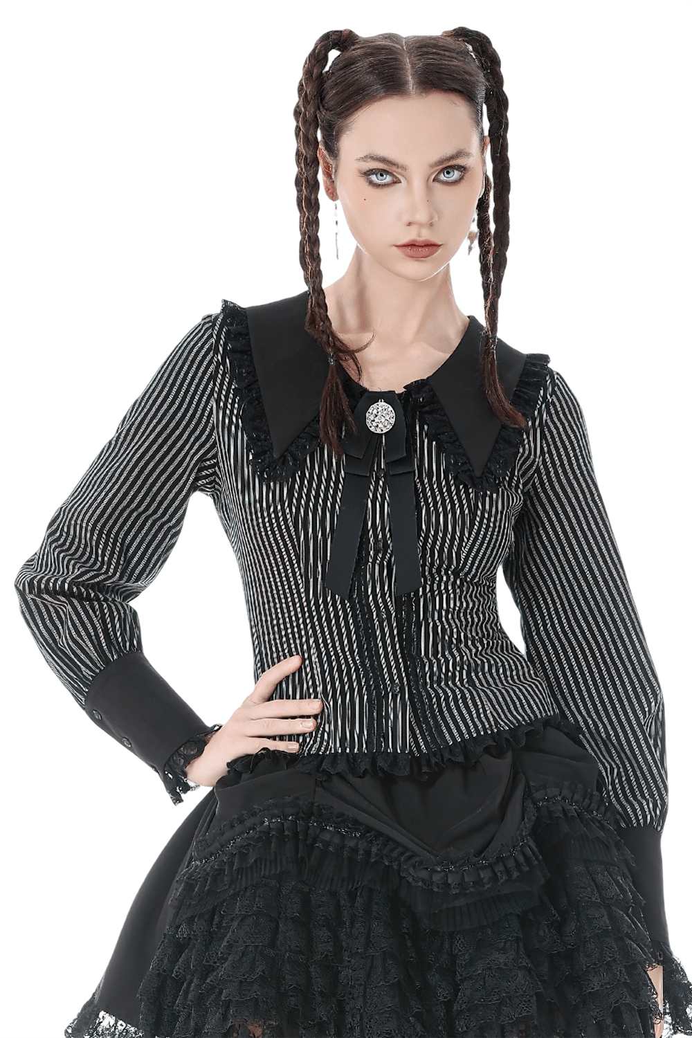 Striped Gothic Lace-Up Blouse with Ruffled Collar and Ribbon, featuring lace and a bow tie for vintage elegance.