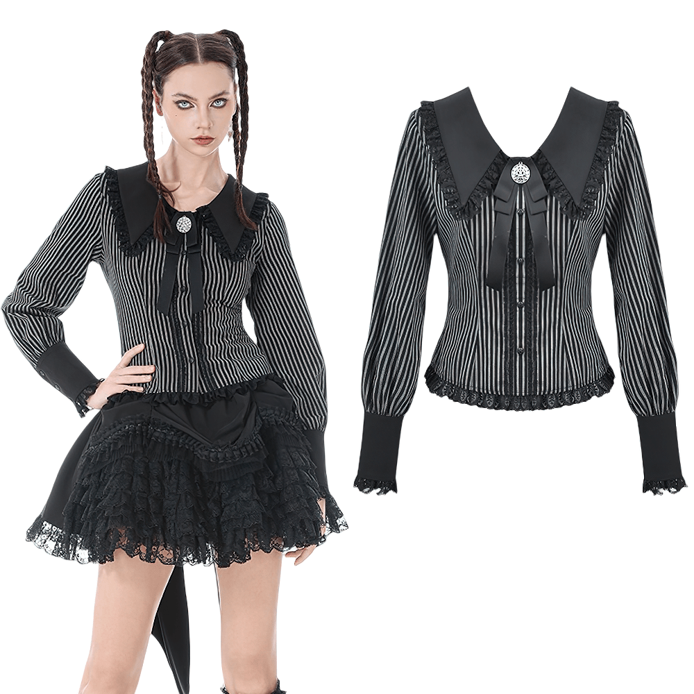 Striped Gothic Lace-Up Blouse with Ruffled Collar and Ribbon worn by a model, featuring lace details and a dramatic collar.