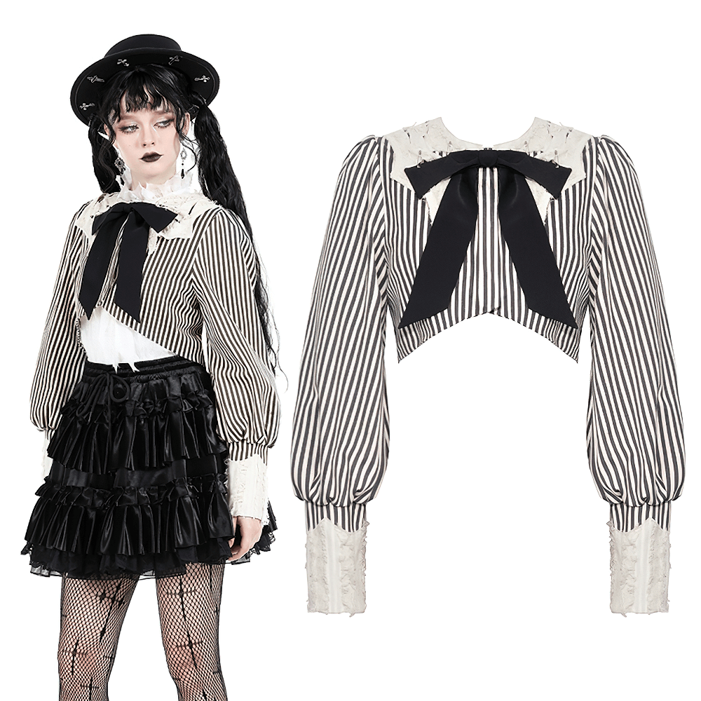 Striped Gothic Lolita crop top with puff sleeves and bow, perfect for punk rock fashion enthusiasts.