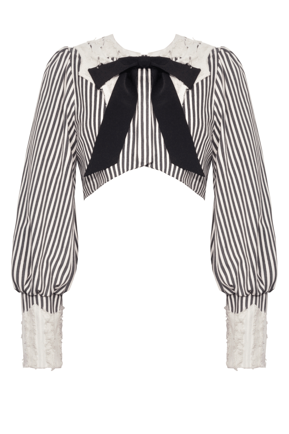 Striped Gothic Lolita crop top with puff sleeves and black bow detail, perfect for goth and punk fashion.