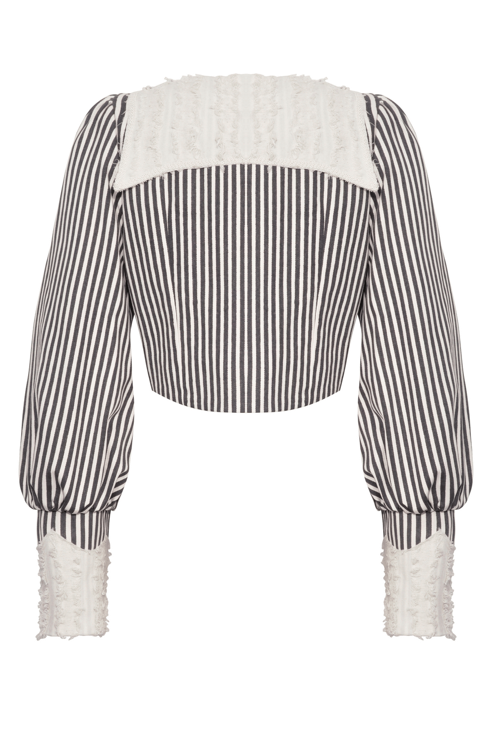 Back view of striped Gothic Lolita crop top with puff sleeves and bow detail in black and beige.