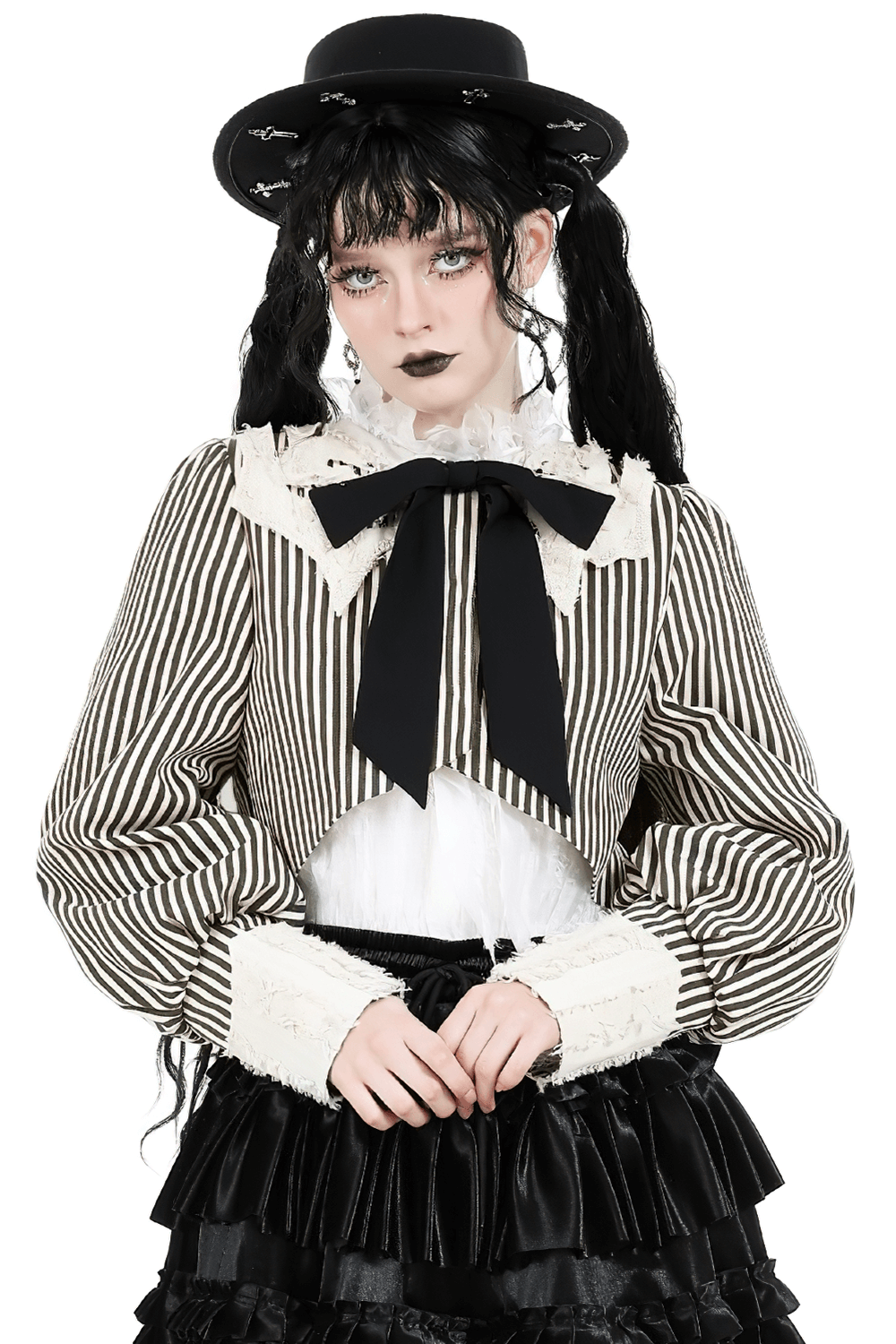 Striped Gothic Lolita crop top with puff sleeves, bow, and black and beige color scheme, perfect for punk rock style.