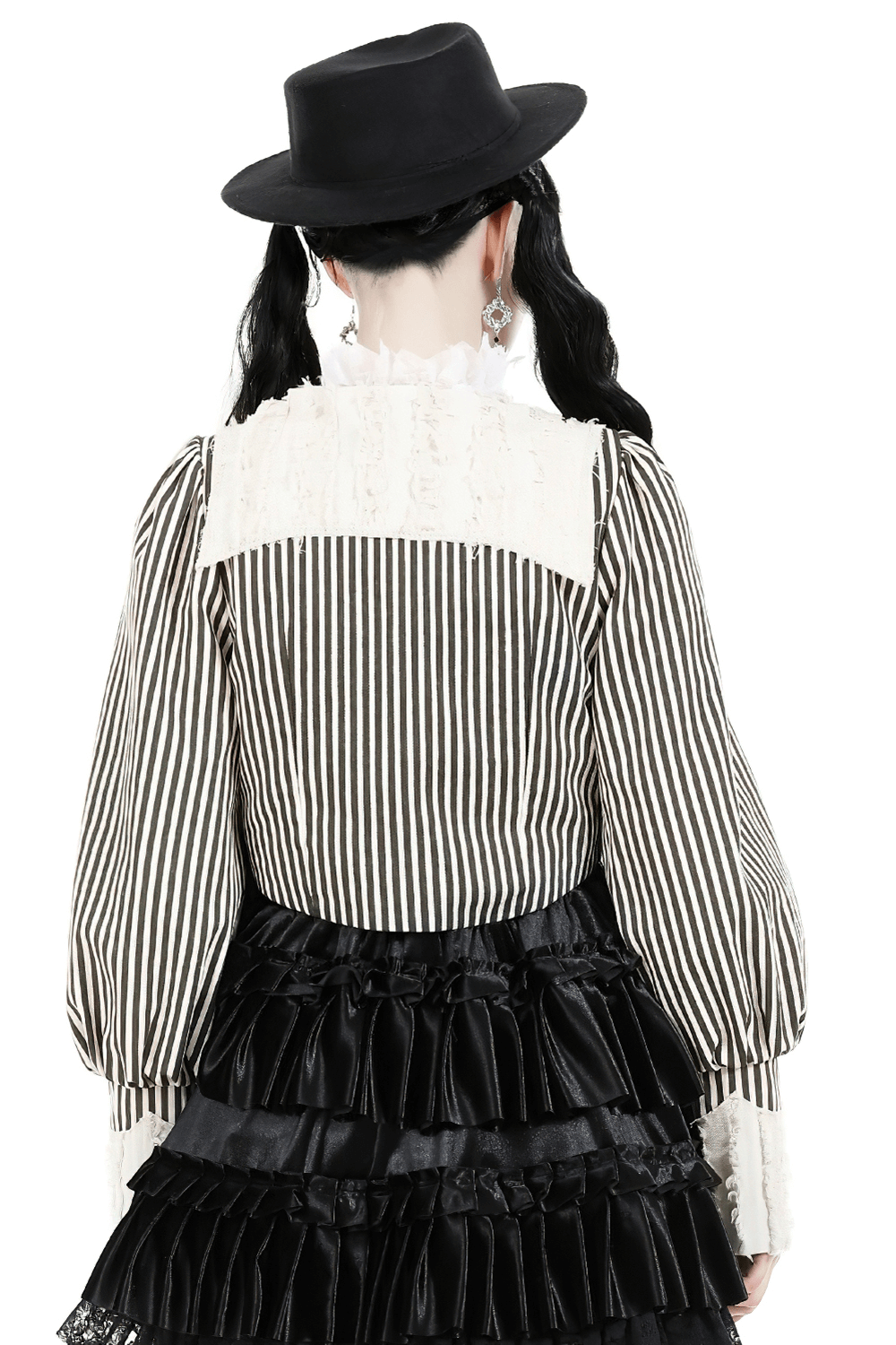 Back view of striped Gothic Lolita crop top with puff sleeves and black hat, showcasing chic punk style.