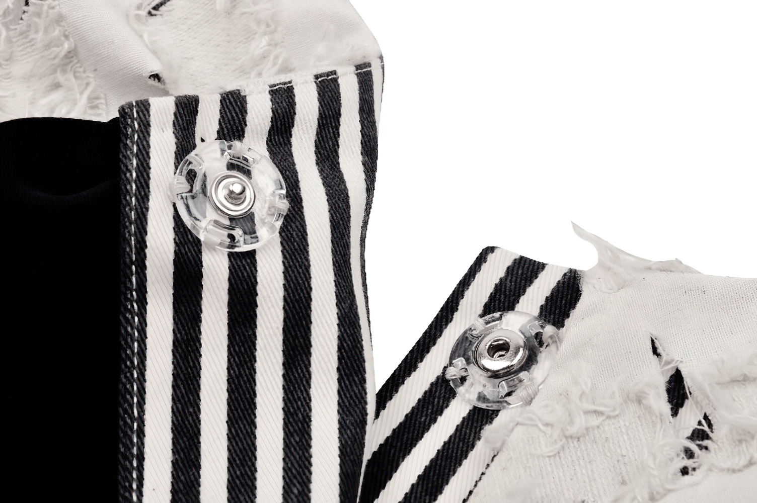 Close-up of a striped Gothic Lolita crop top showcasing puff sleeves and button details.