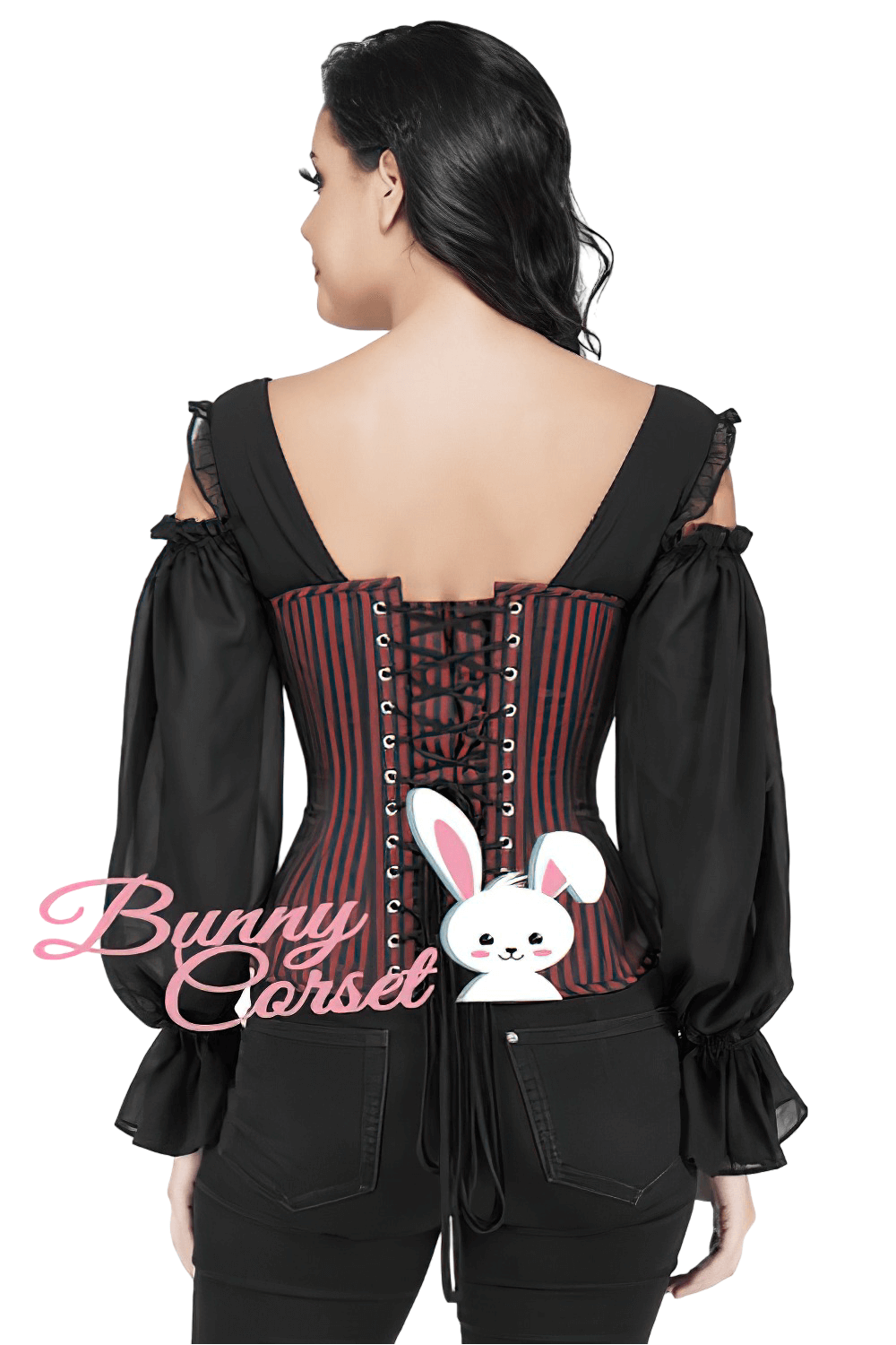 Back view of striped Gothic overbust corset with cold shoulder mesh sleeves, showcasing lace-up detail and fitted silhouette.