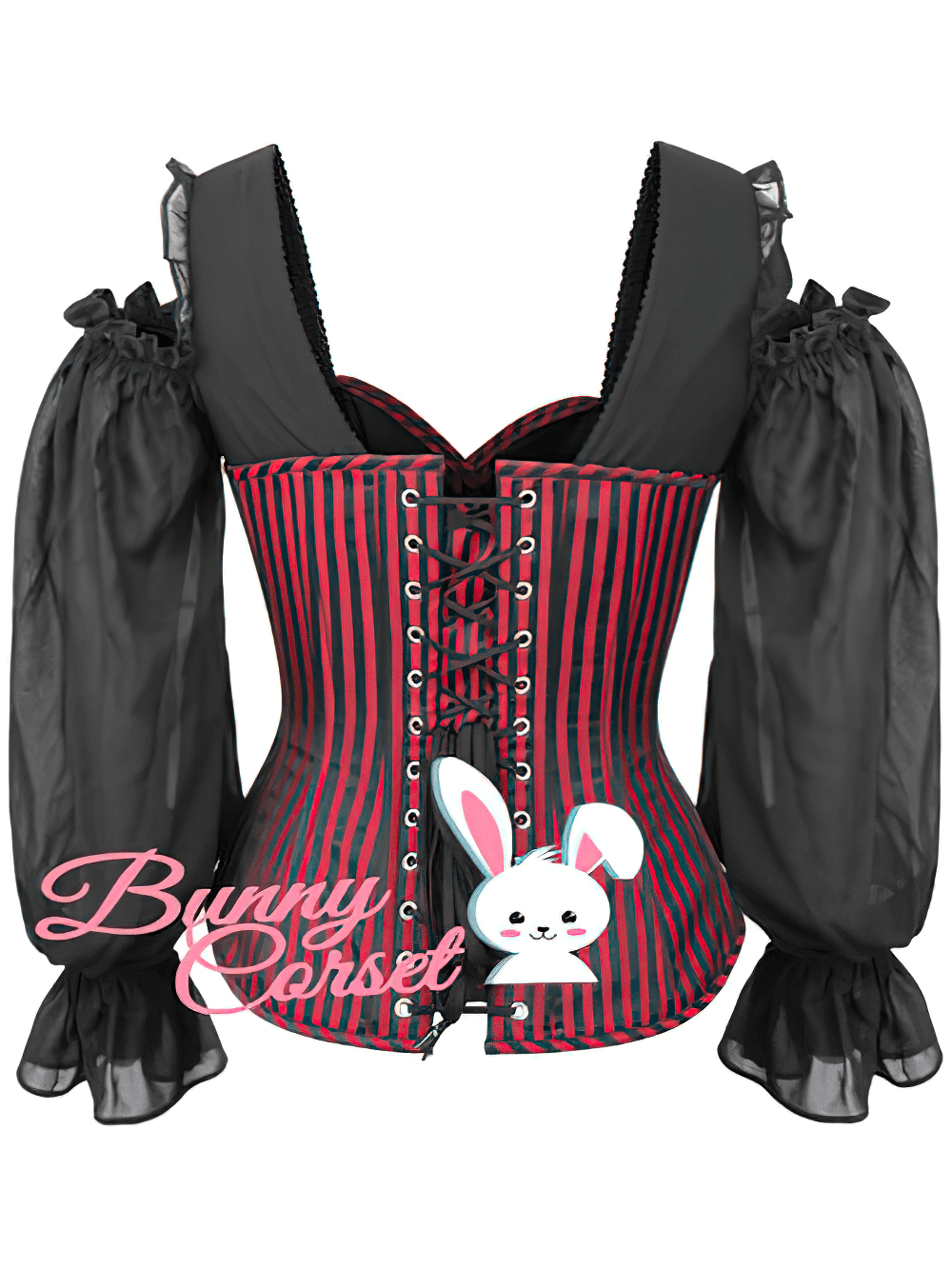 Gothic striped overbust corset with cold shoulder mesh sleeves, showcasing a sleek laced back design.