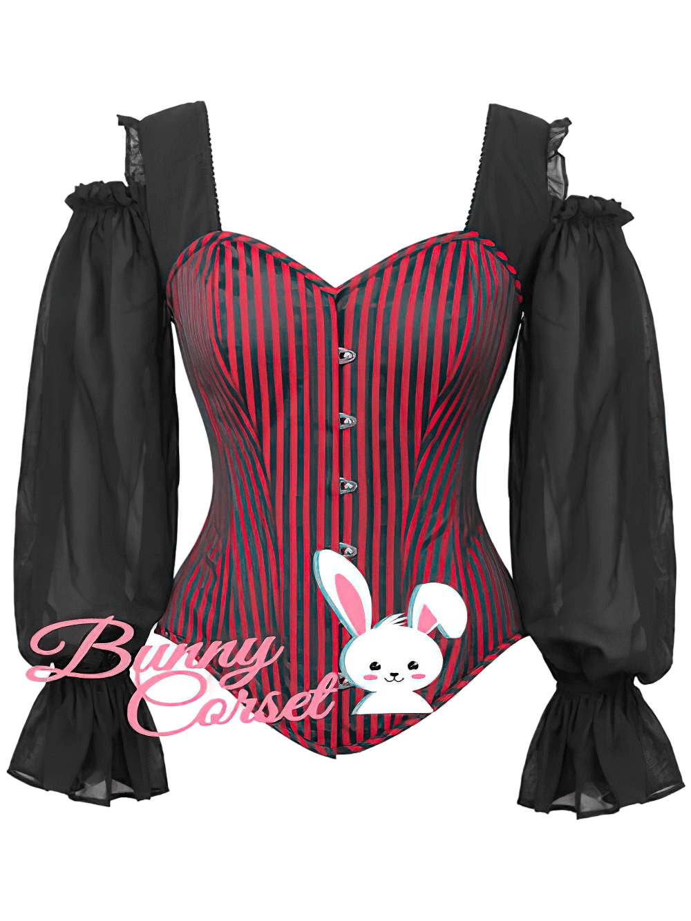 Striped Gothic overbust corset with cold shoulder sleeves, featuring dramatic mesh detail and a fitted silhouette.