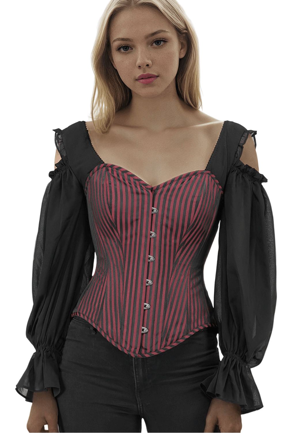 Striped gothic overbust corset with cold shoulder mesh sleeves in black and red, perfect for a Victorian-inspired look.