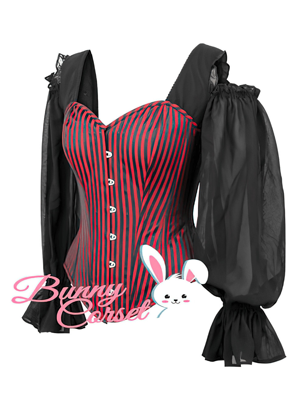 Victorian-inspired striped overbust corset with dramatic cold shoulder mesh sleeves and elegant design.