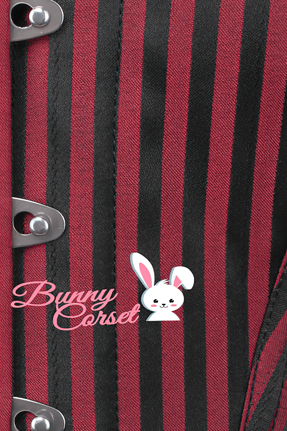 Striped Gothic overbust corset in black and red with bunny logo and metal busk closures.